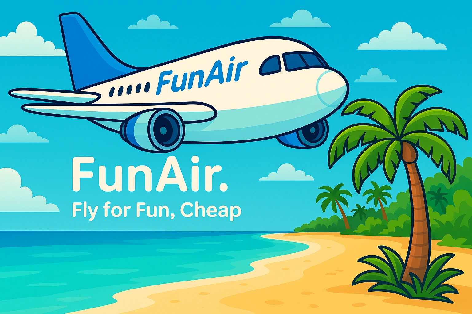 FunAir airplane flying over a tropical beach with turquoise water